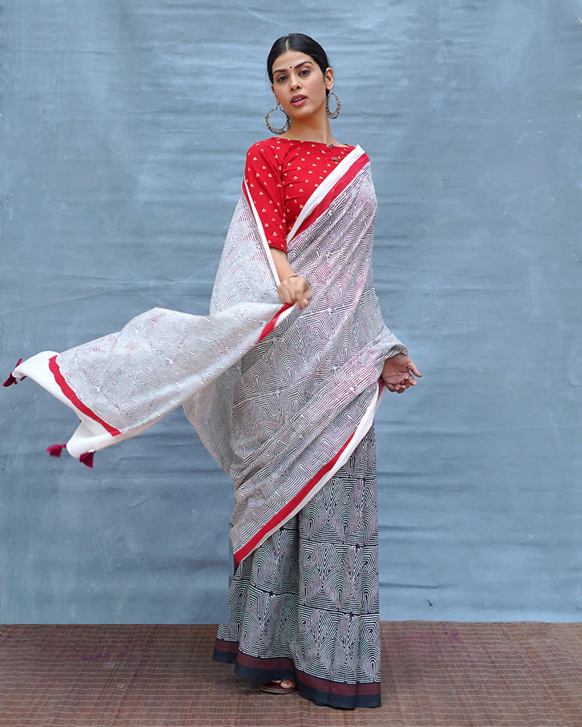 Vintage Poem Black & White Handblock Print Cotton Saree - MIS - Image 7