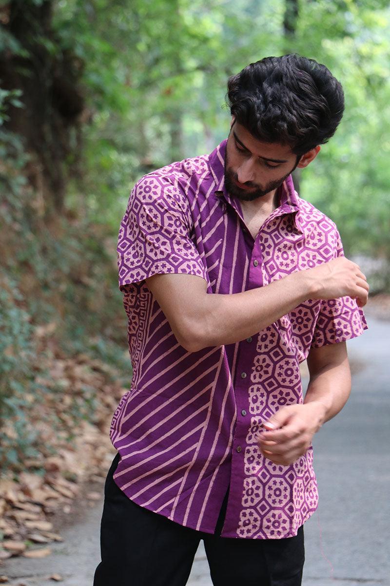 Violet Block Printed Cotton Half-Sleeved Shirt - Image 11