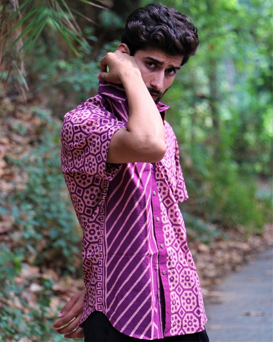 Violet Block Printed Cotton Half-Sleeved Shirt - Image 6