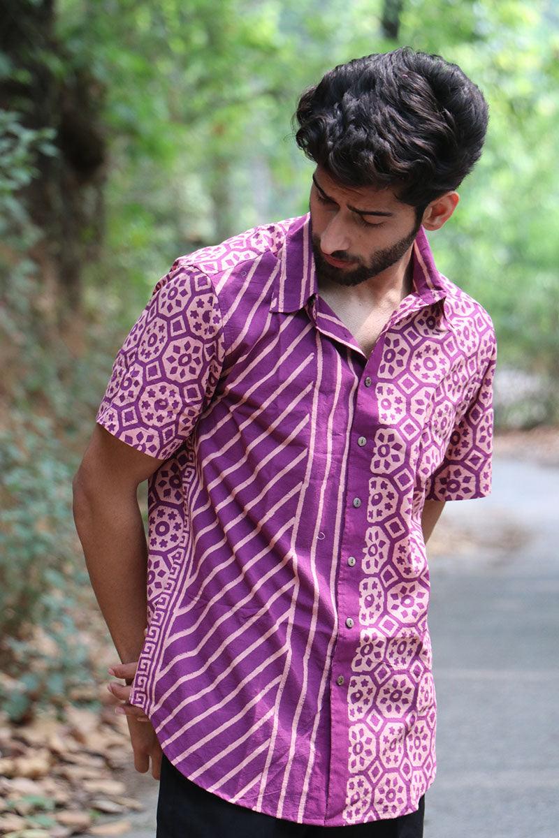 Violet Block Printed Cotton Half-Sleeved Shirt - Image 9
