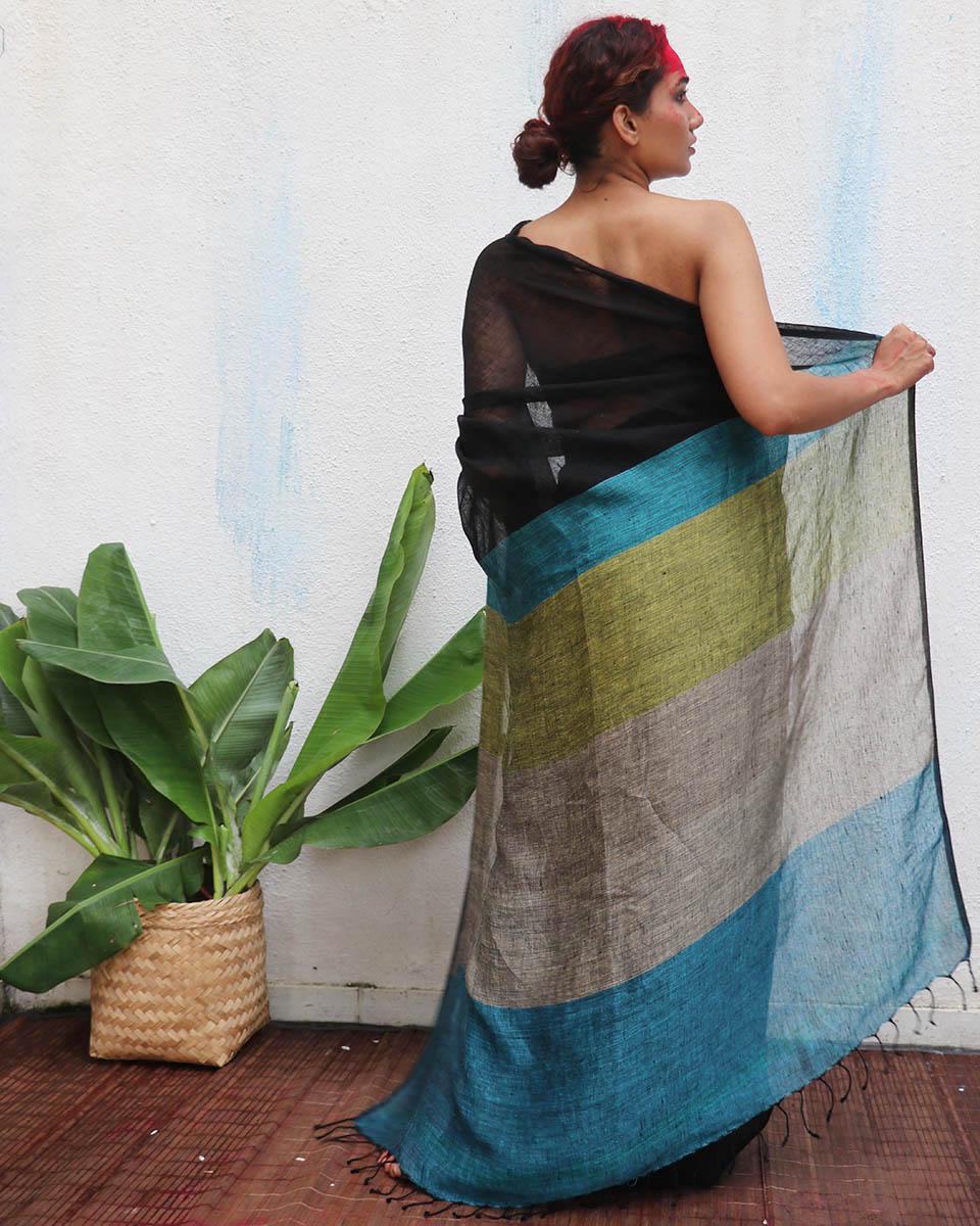 Virupakshi Black Handwoven Linen Saree - Kaali - Image 10