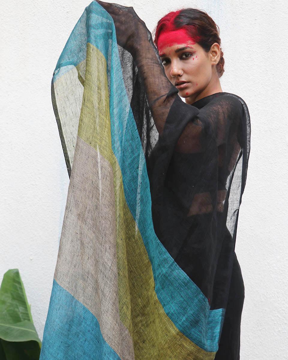 Virupakshi Black Handwoven Linen Saree - Kaali - Image 8