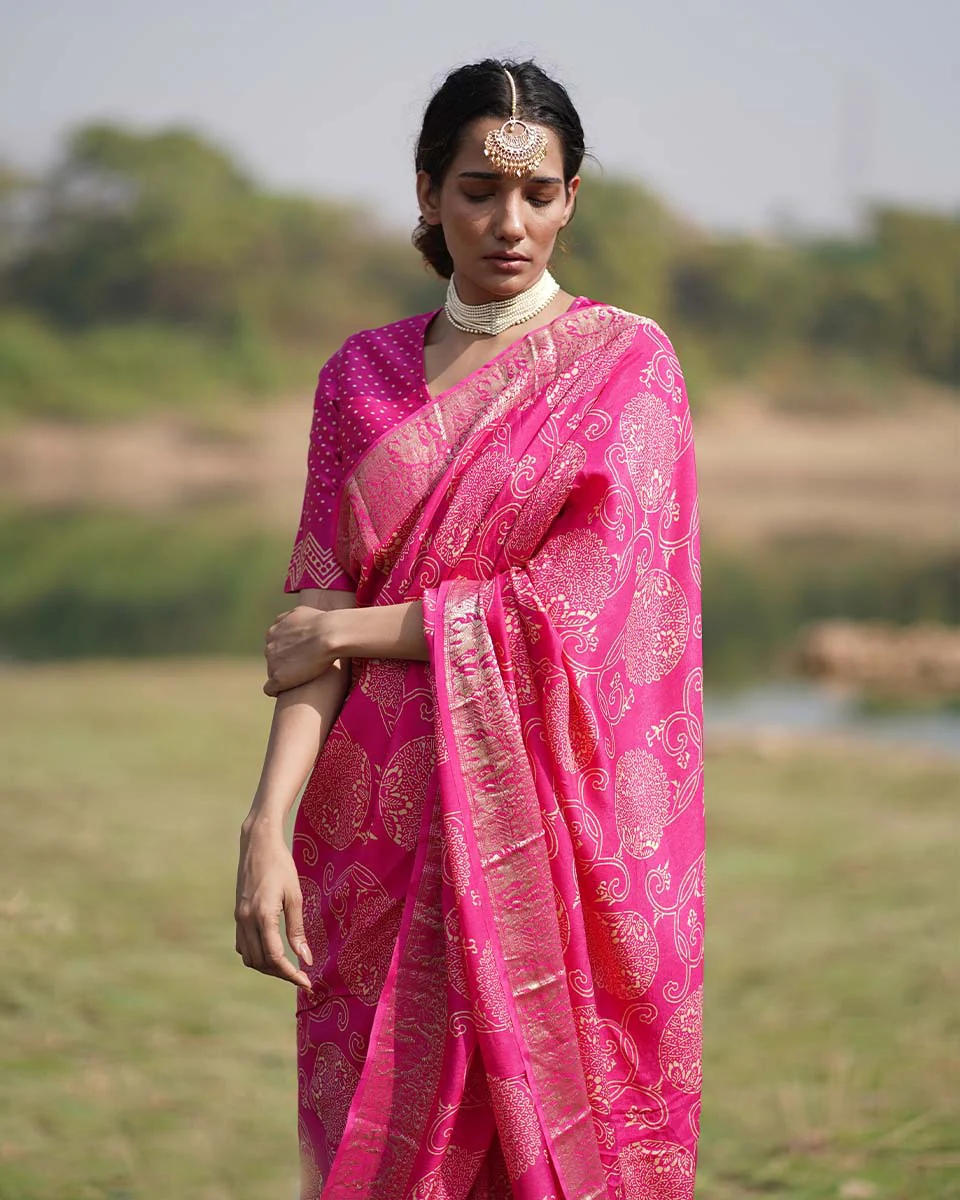 Visakha Pink Block printed Dola Silk Saree - RB - Image 6