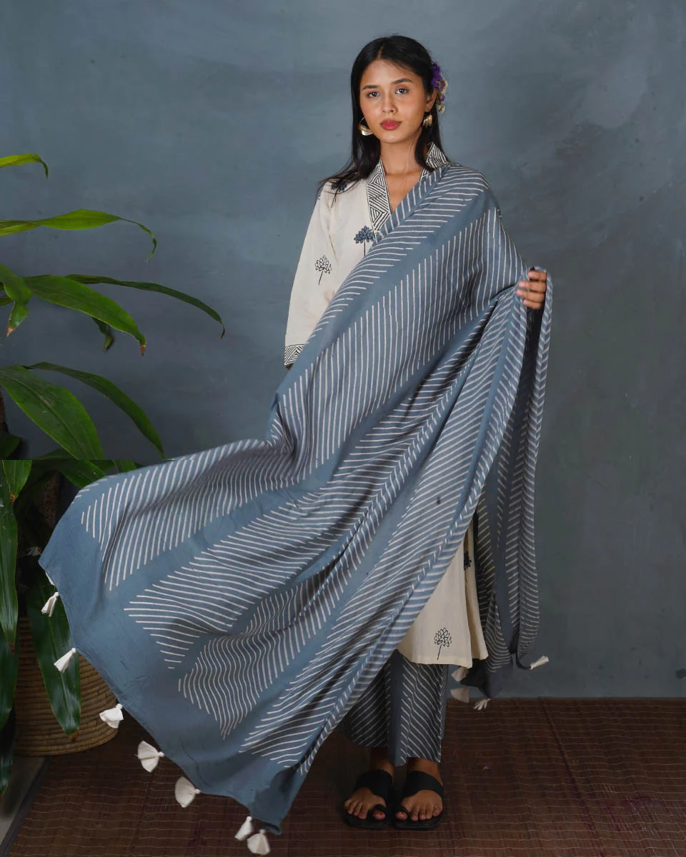Wet Marble Grey Block Printed Dupatta - BMS - Image 3