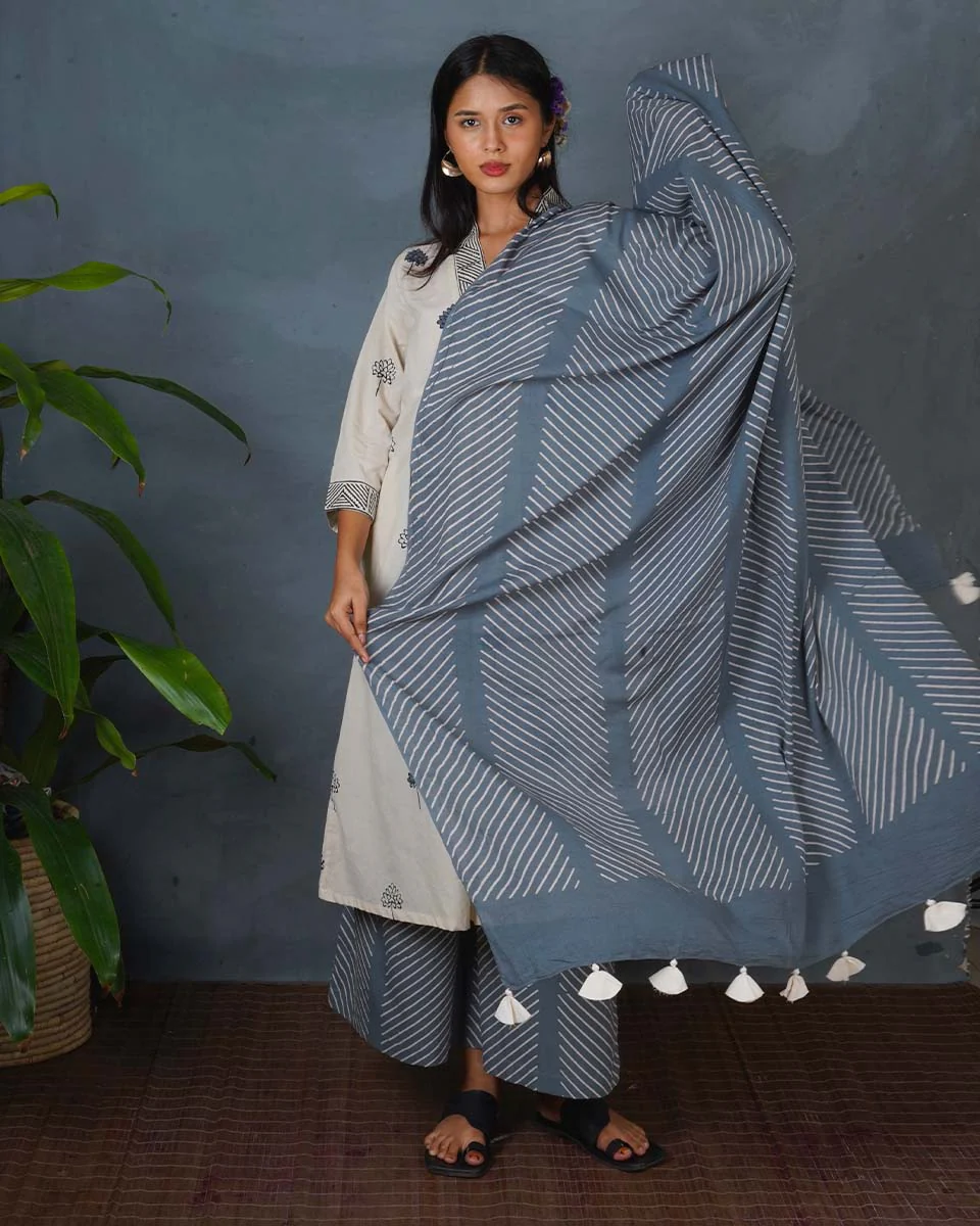 Wet Marble Grey Block Printed Dupatta - BMS - Image 5