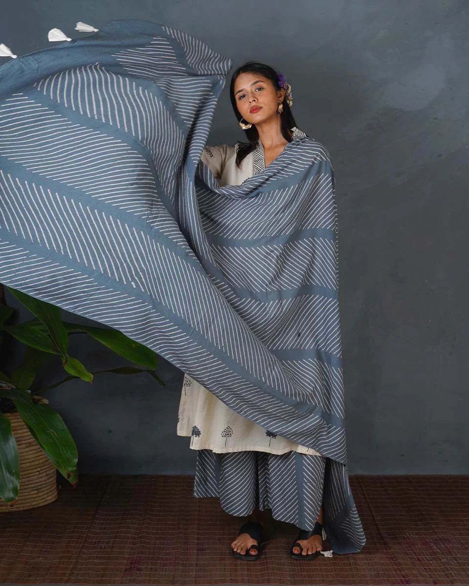Wet Marble Grey Block Printed Dupatta - BMS - Image 7
