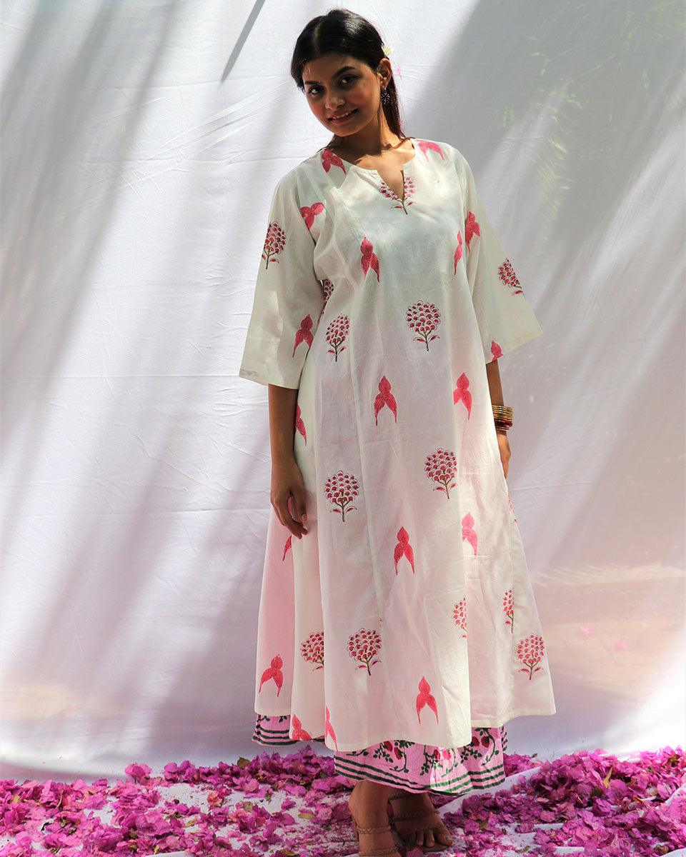 Flourish White Block Printed Cotton Kurta Set With Skirt - Fos - Image 6