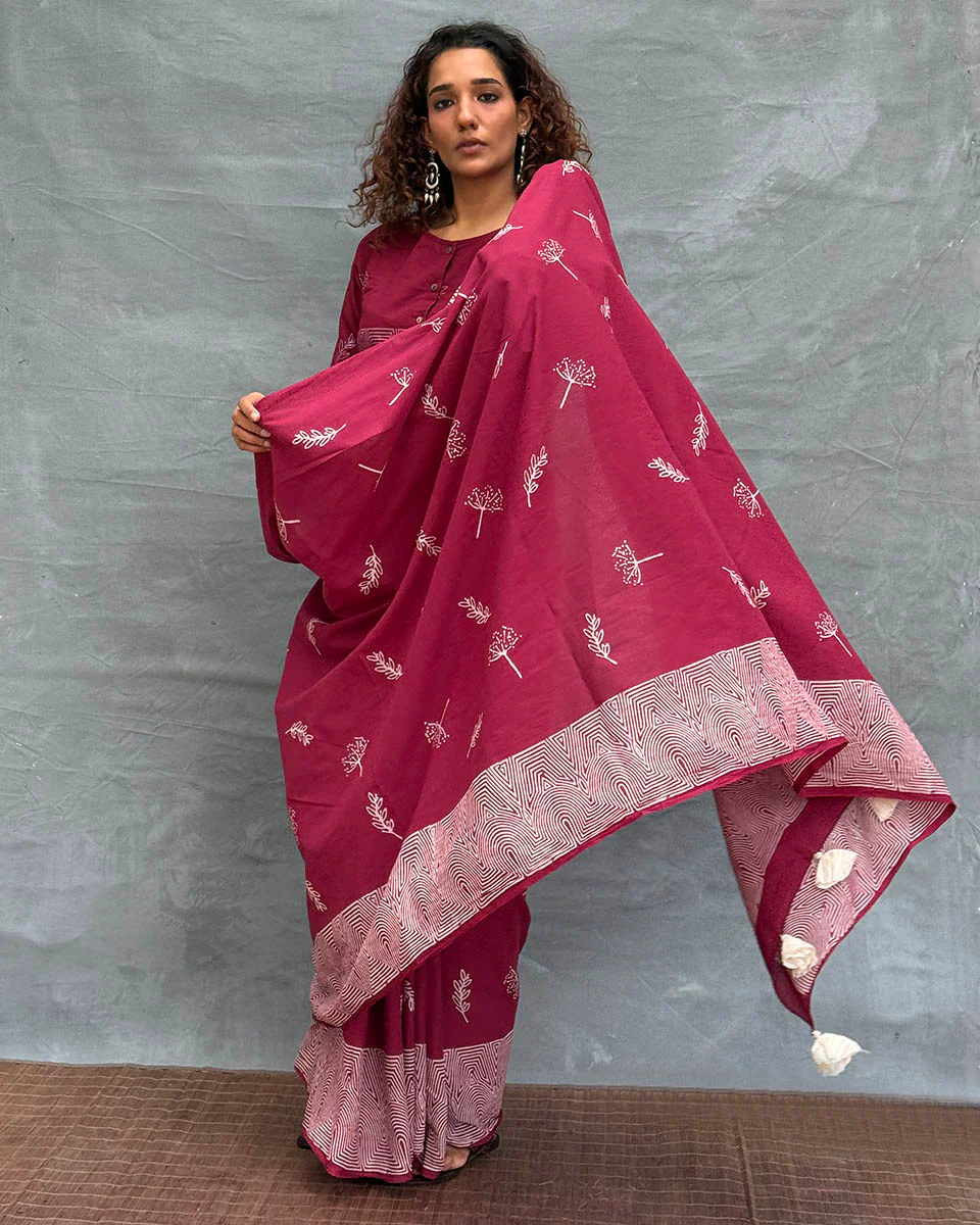 Wings over Waters Blockprinted Cotton Saree - Soil - Image 10