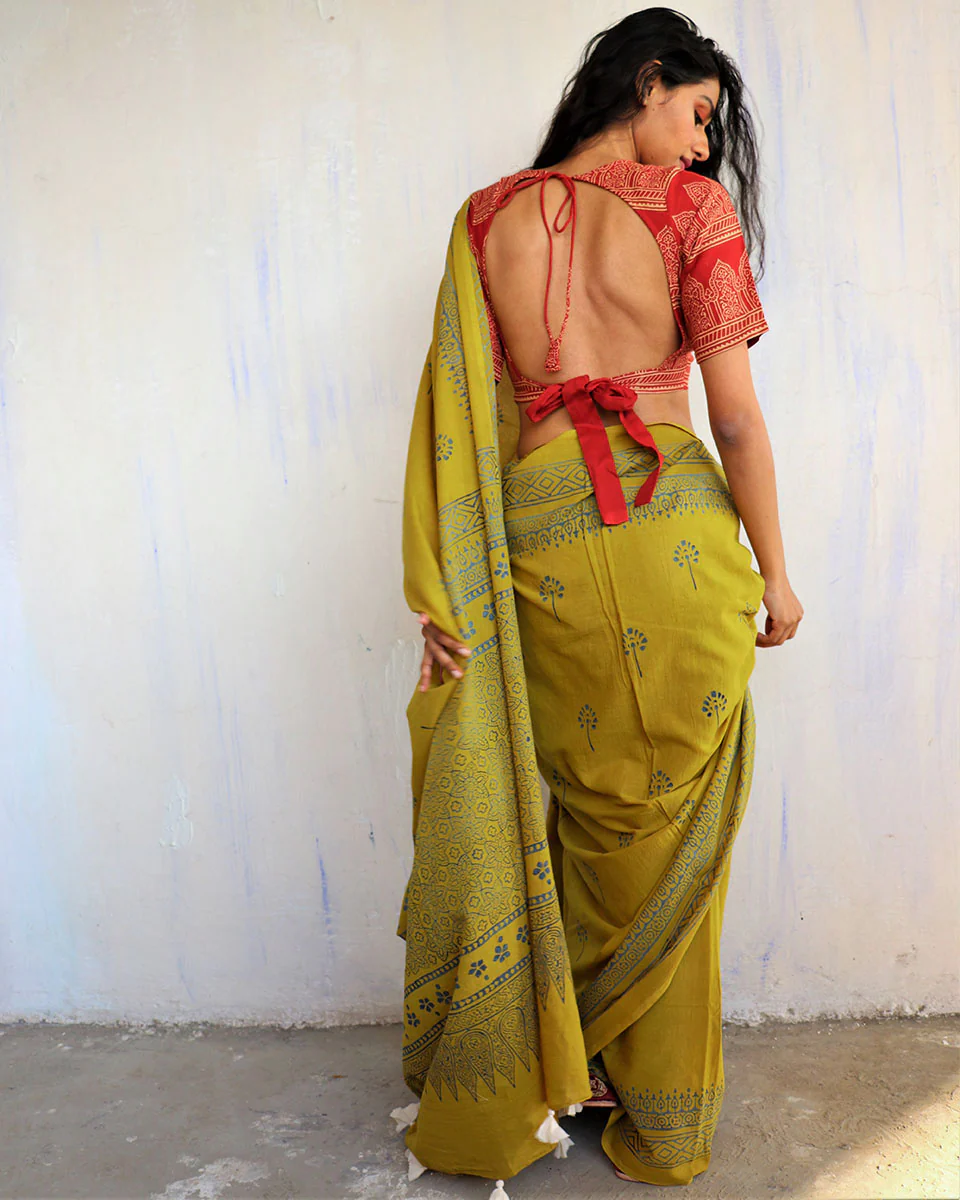 Kimana Handblockprinted Cotton Saree - Butterfly Girls - Image 5