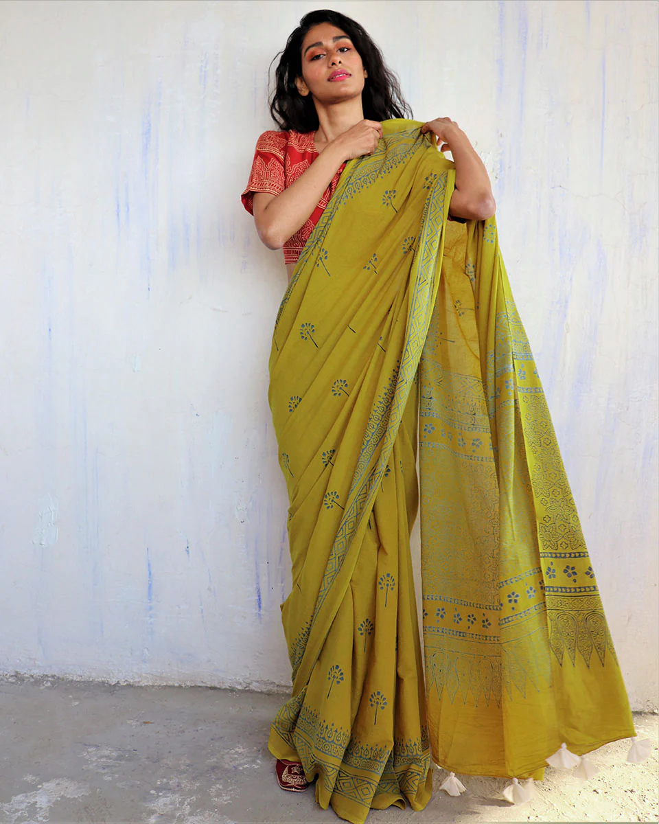 Kimana Handblockprinted Cotton Saree - Butterfly Girls - Image 8