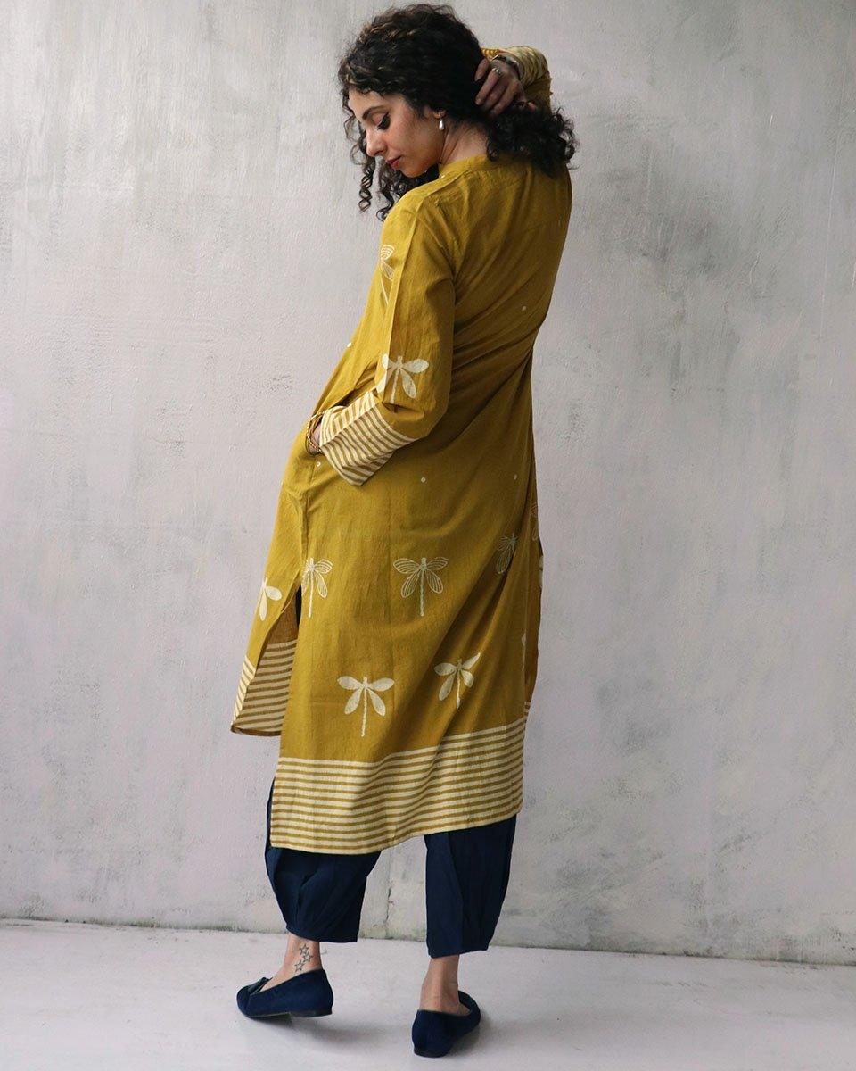 Yellow Blockprinted Cotton Kurti And Bottoms Set Of 2 - Image 4