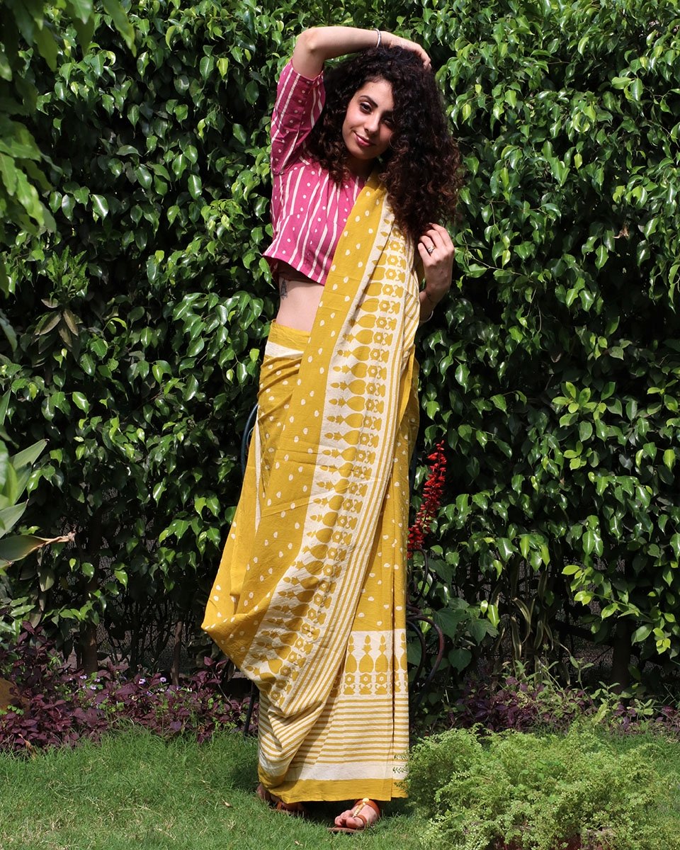 Yellow Blockprinted Cotton Mul Saree - Image 2
