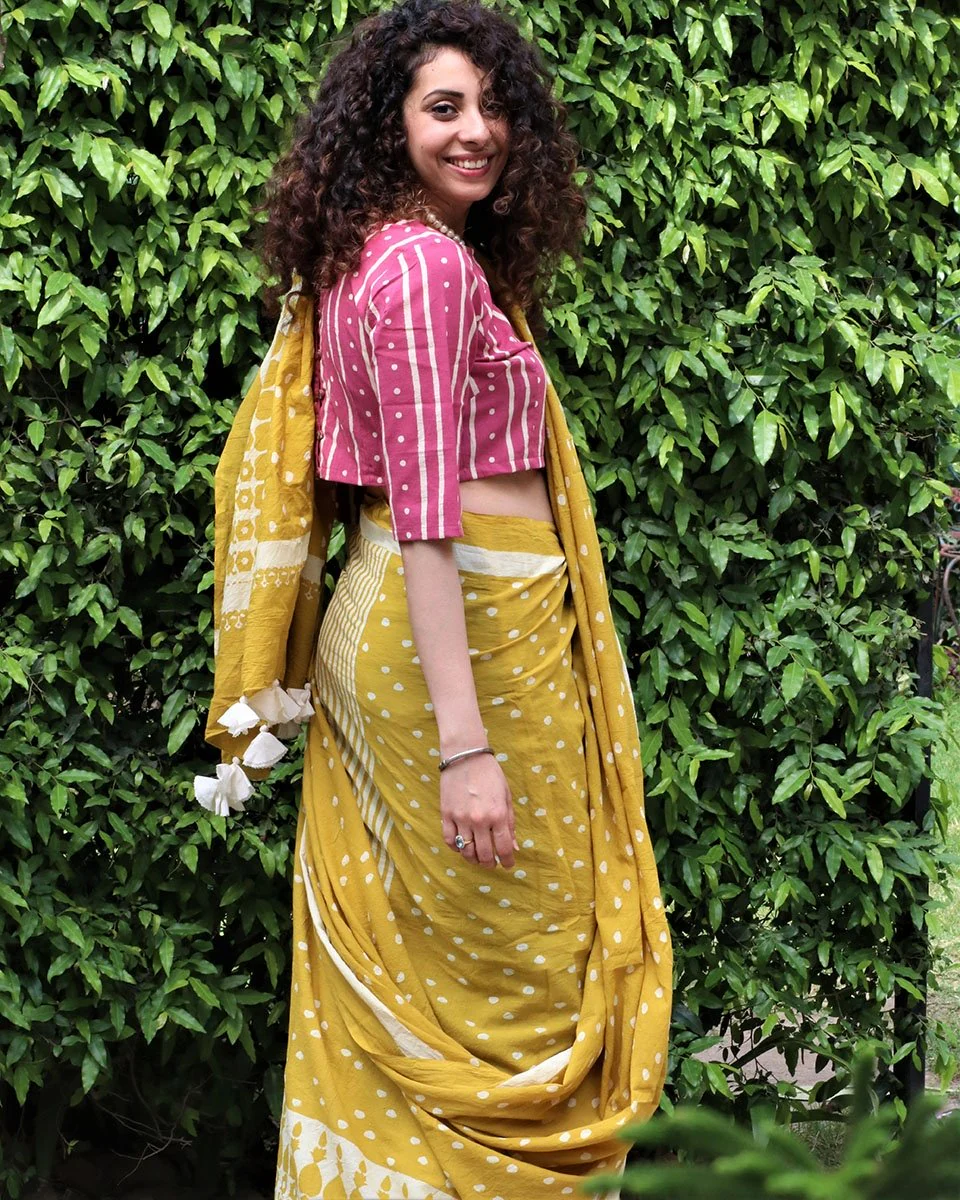 Yellow Blockprinted Cotton Mul Saree - Image 3