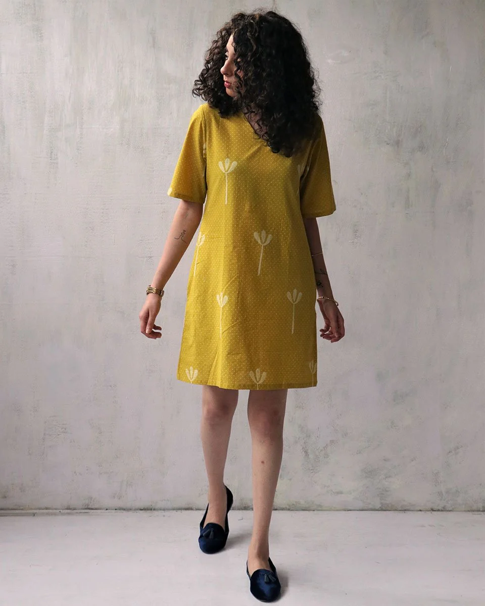 Yellow Blockprinted Cotton Shift Dress - Image 4