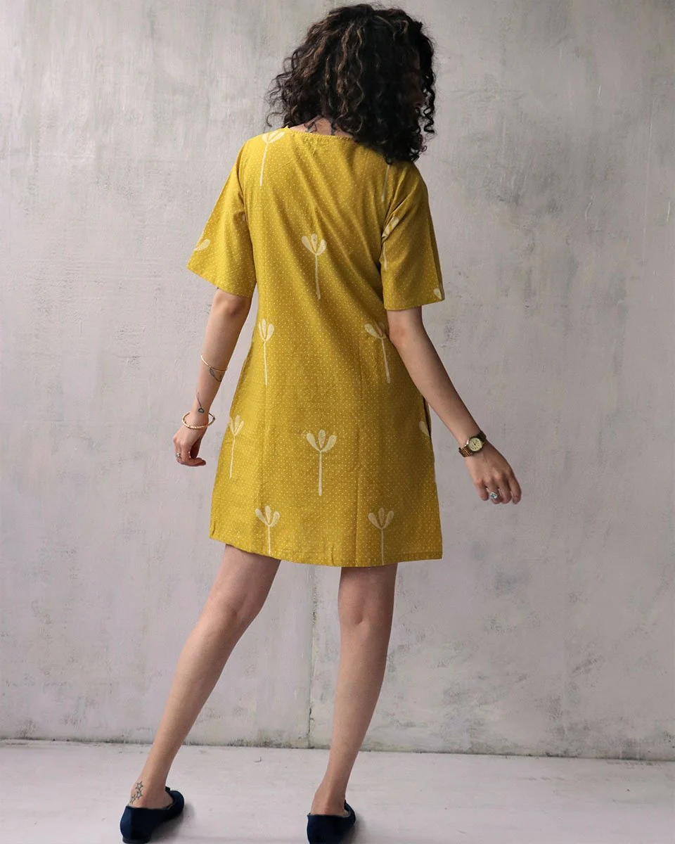 Yellow Blockprinted Cotton Shift Dress - Image 5