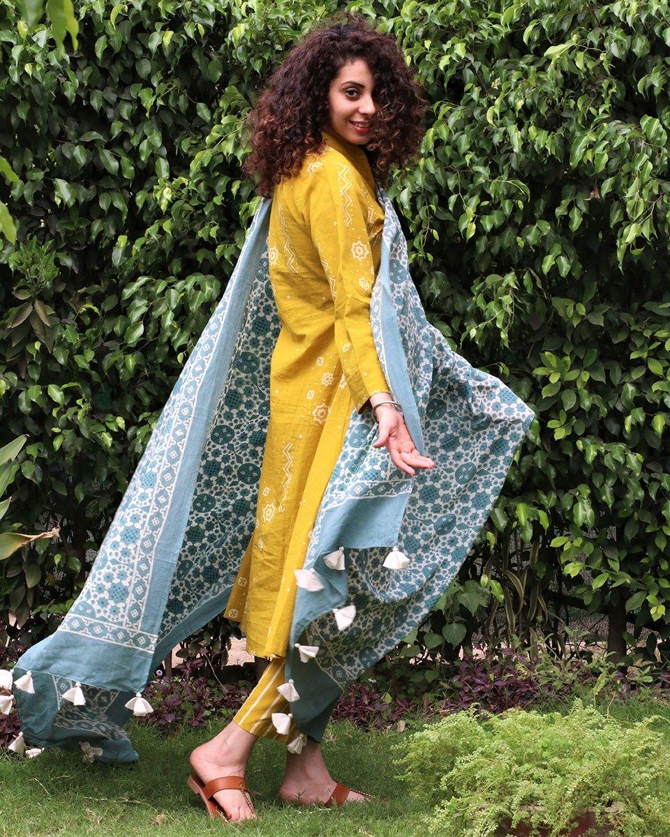 Yellow Block printed Kurti & Bottom (Set Of 2) - Image 5
