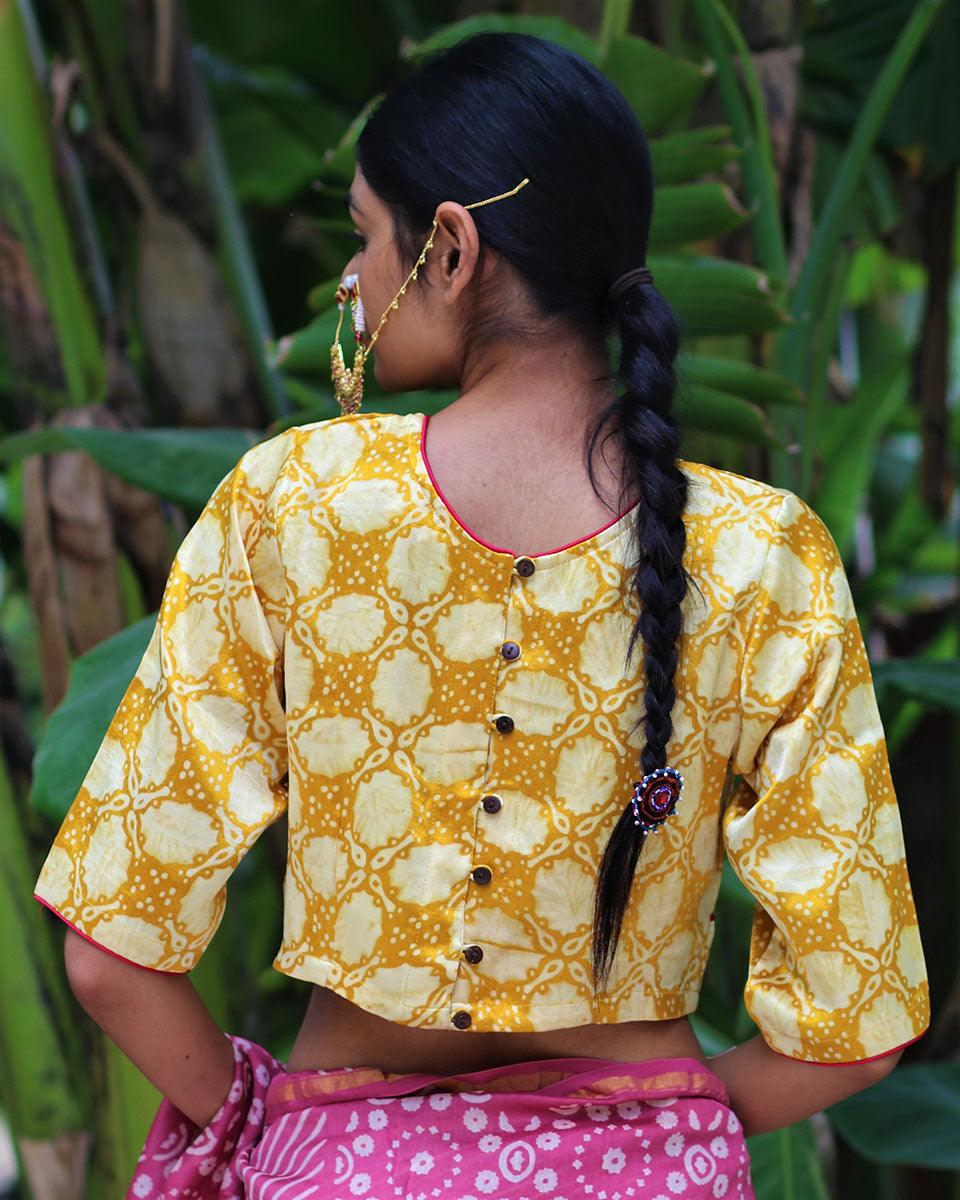 Yellow Blockprinted Mashru Silk Blouse-Chand Se - Image 4