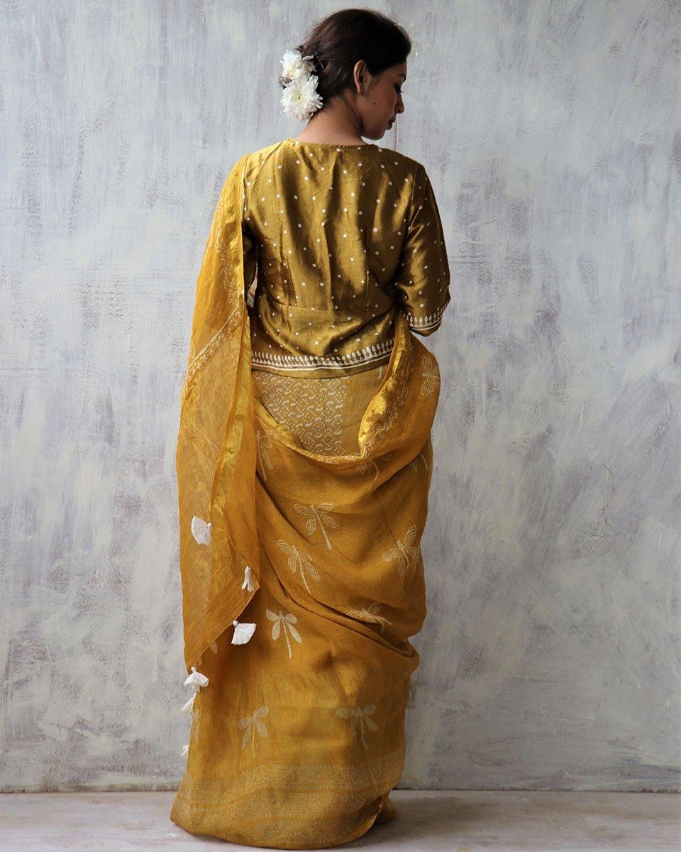 Yellow Blockprinted Handwoven Linen Zari Saree - Anant - Image 4