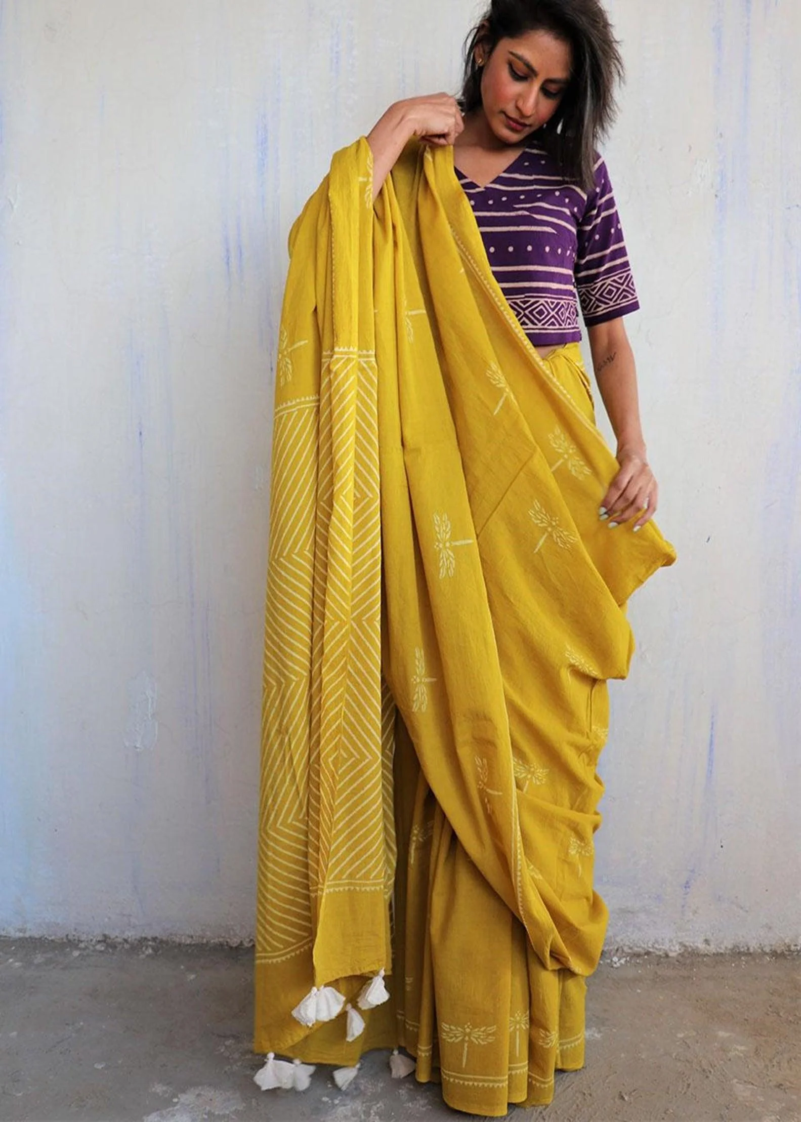 Aponi Hand Blockprinted Cotton Saree - Butterfly Girls - Image 2