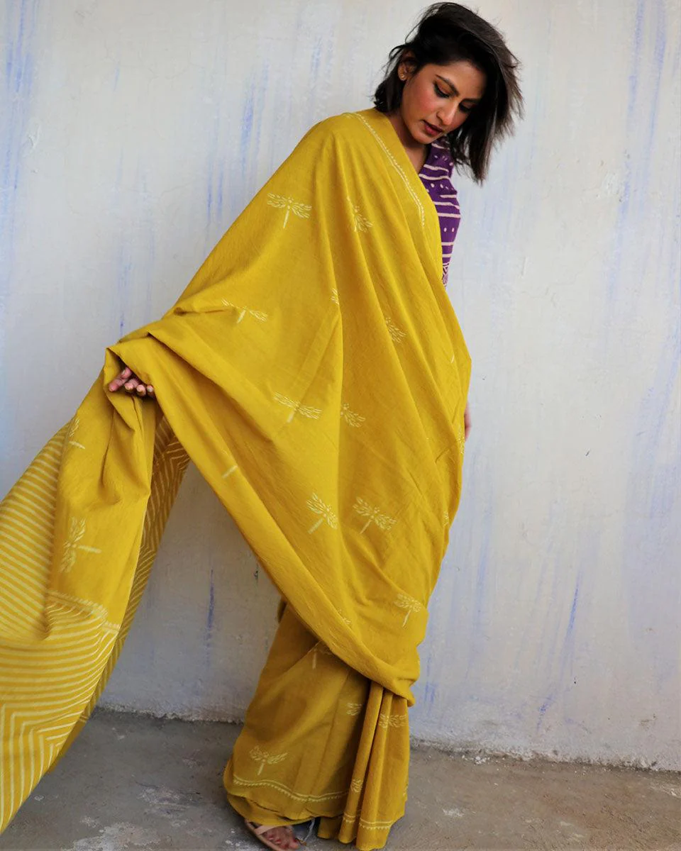 Aponi Hand Blockprinted Cotton Saree - Butterfly Girls - Image 4