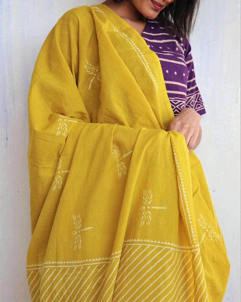 Aponi Hand Blockprinted Cotton Saree - Butterfly Girls - Image 7