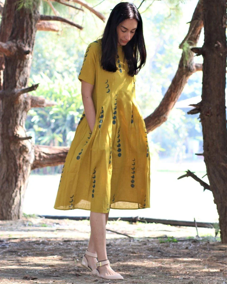 Yellow Eclipse Blockprinted Cotton Pleated Dress - Image 2