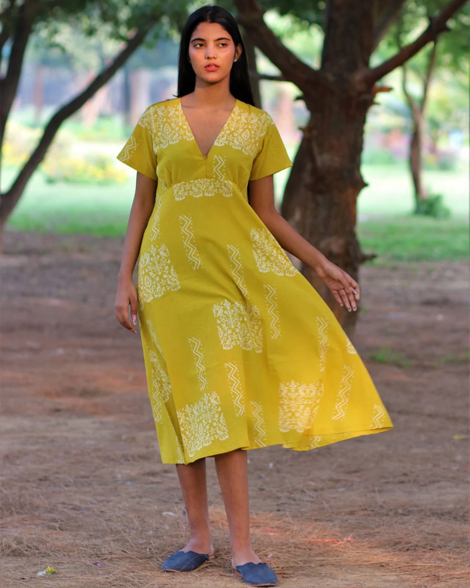 Yellow Handprinted Pure Cotton Dress-Slow