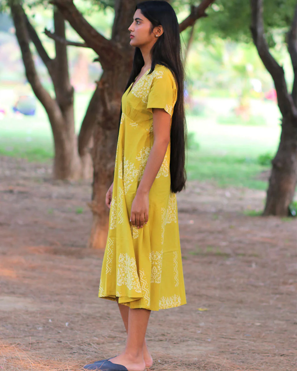 Yellow Handprinted Pure Cotton Dress-Slow - Image 3