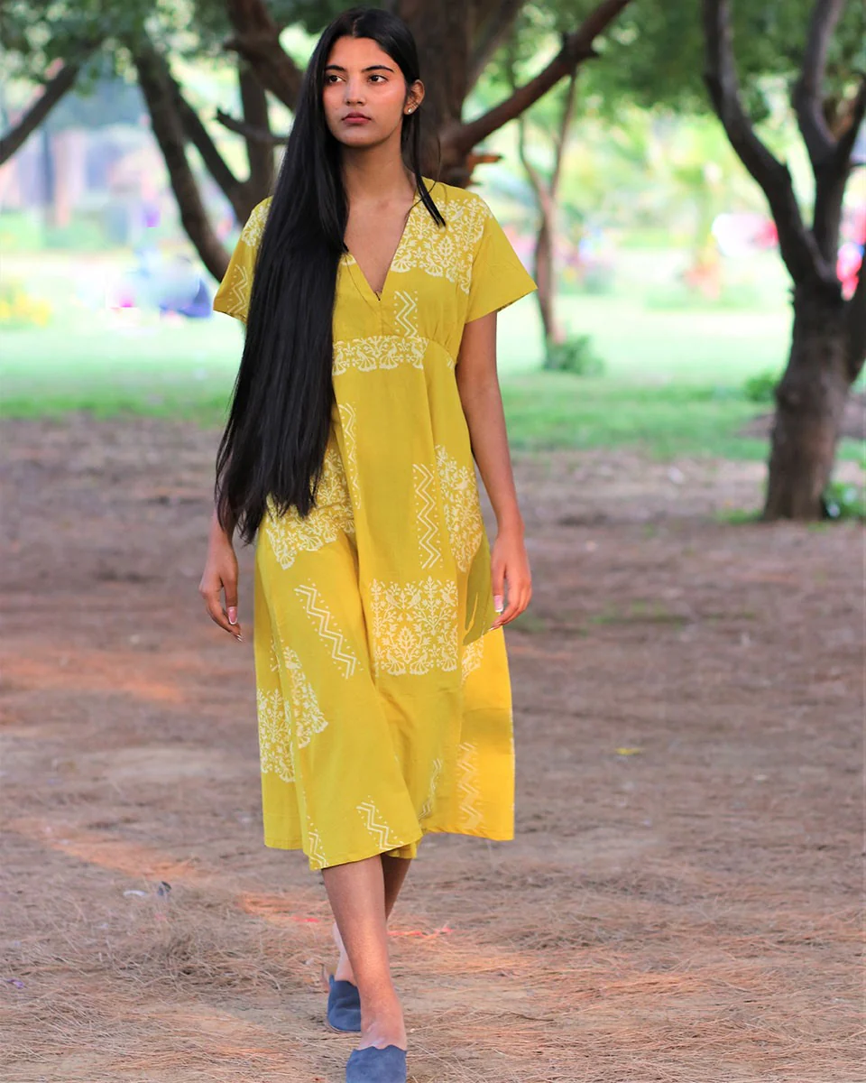 Yellow Handprinted Pure Cotton Dress-Slow - Image 5
