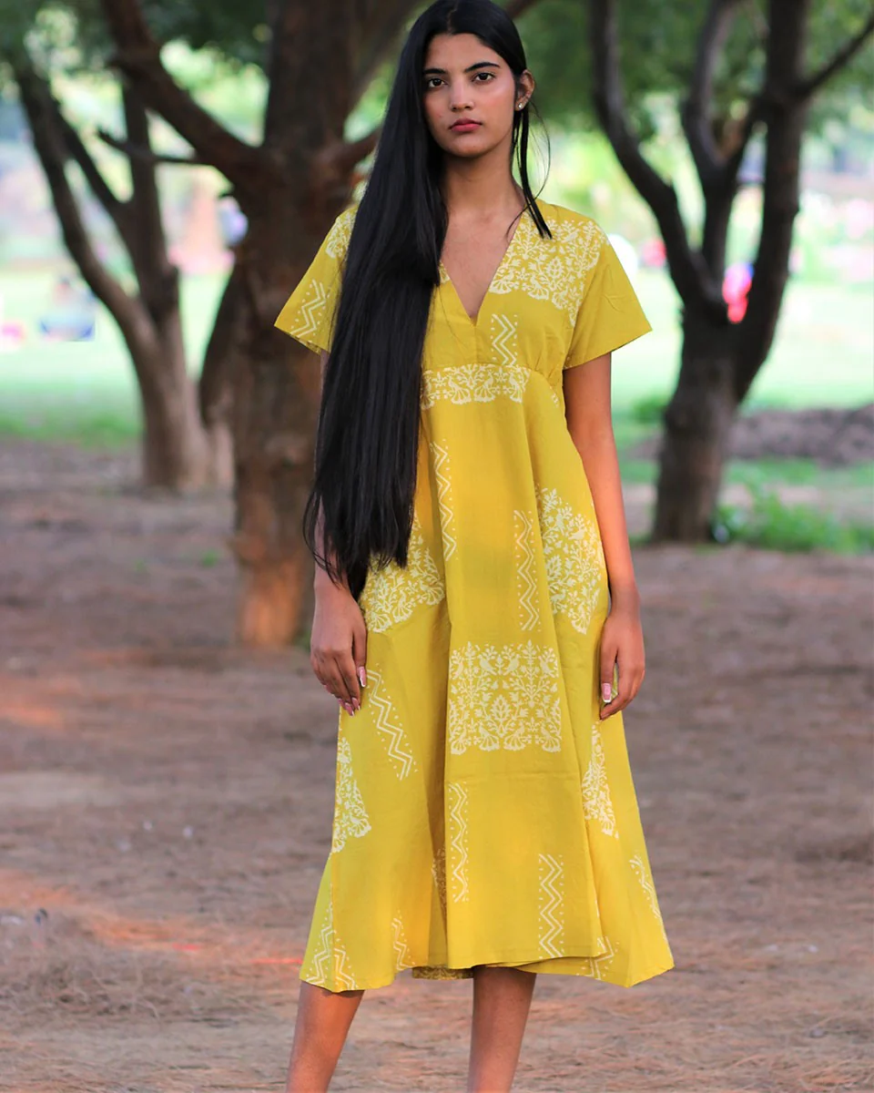 Yellow Handprinted Pure Cotton Dress-Slow - Image 6