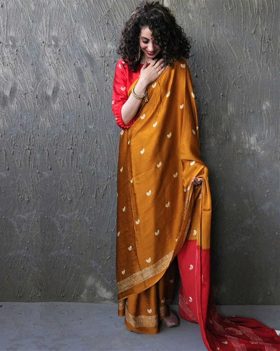 Yellow-Red Blockprinted Modal Silk Saree - Image 4