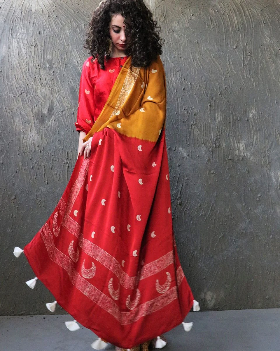 Yellow-Red Blockprinted Modal Silk Saree - Image 5