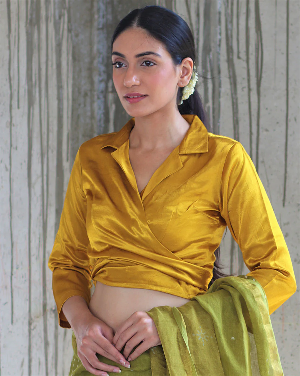 Yellow Tieup Mashru Silk Blouse- Manjari - Image 2