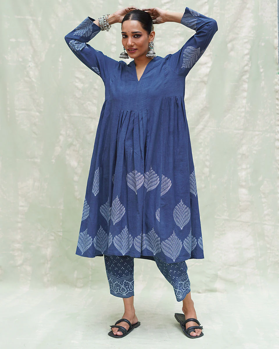 Zeelaf Blue Handblock Print Cotton Kurti- INDI - Image 6