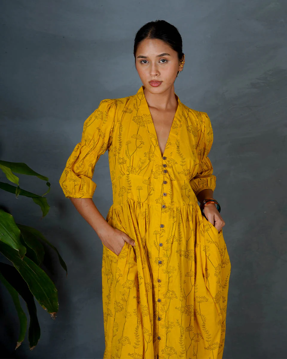 Ziya Yellow Hand Block Printed Cotton Dress-MYA - Image 5