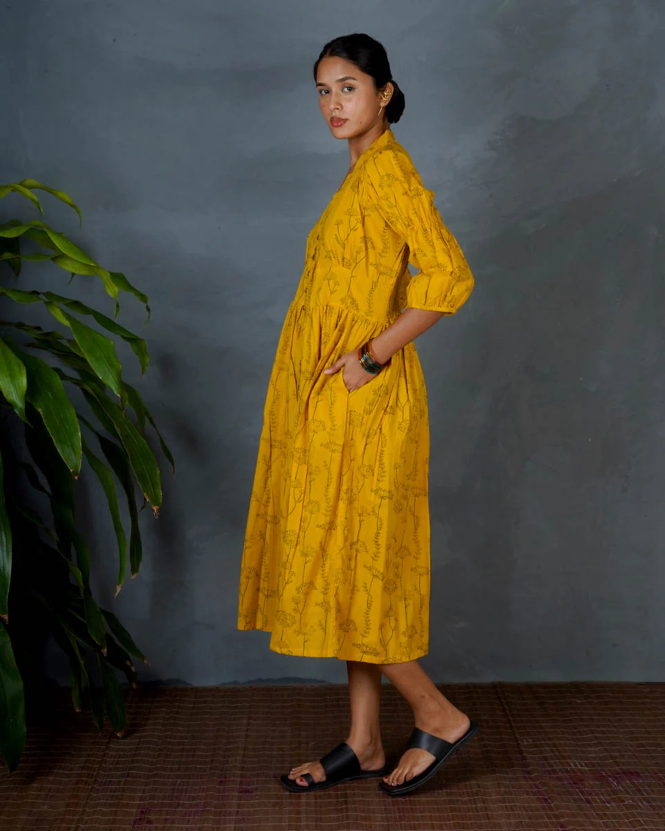 Ziya Yellow Hand Block Printed Cotton Dress-MYA - Image 6