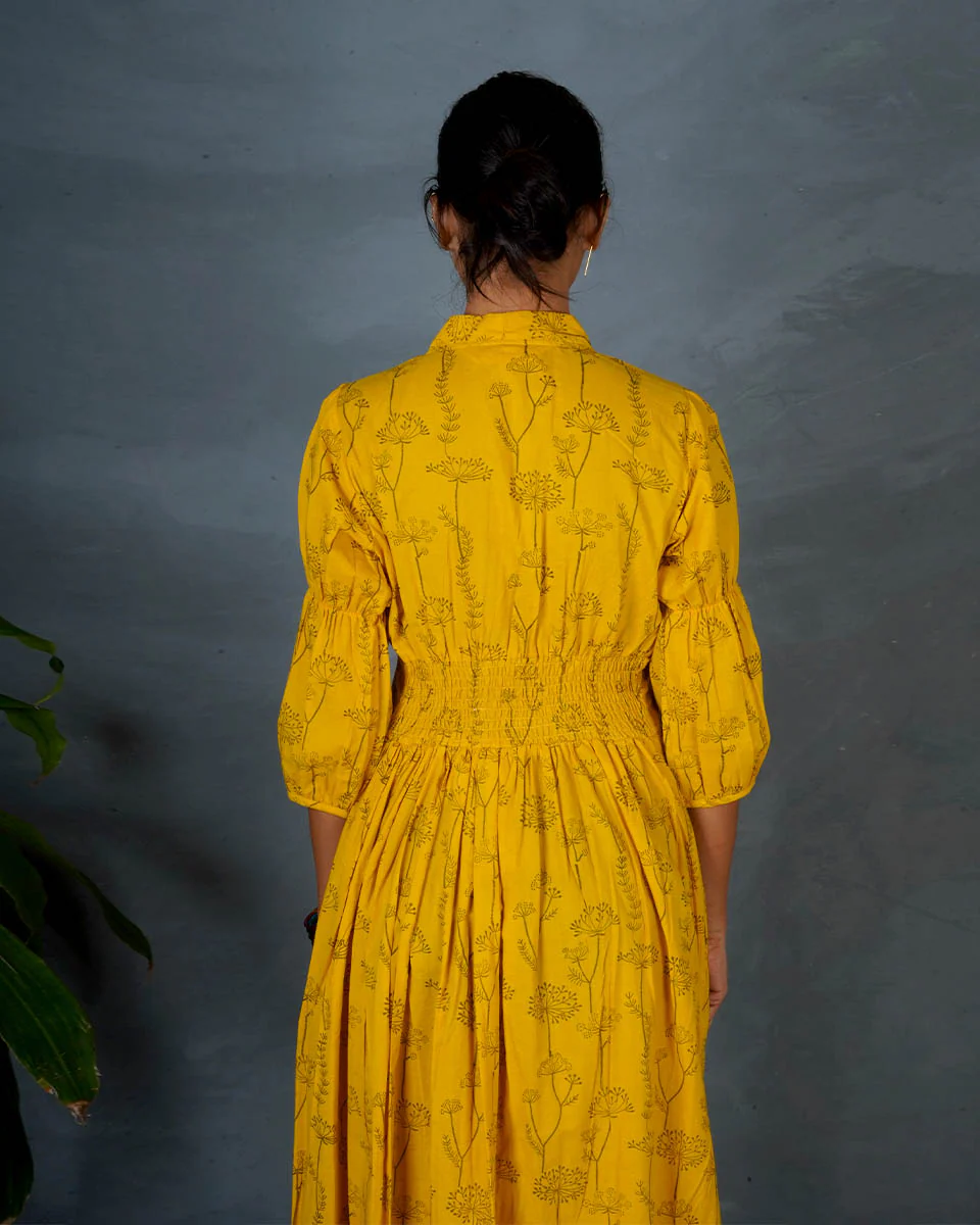 Ziya Yellow Hand Block Printed Cotton Dress-MYA - Image 7